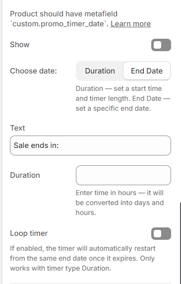 countdown timer settings for quick view