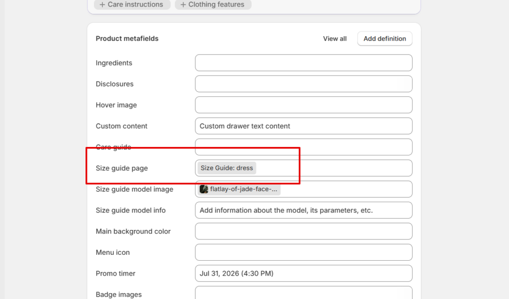 size guide page connect