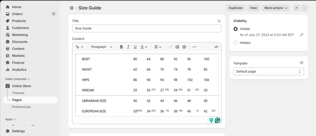 size guide page example