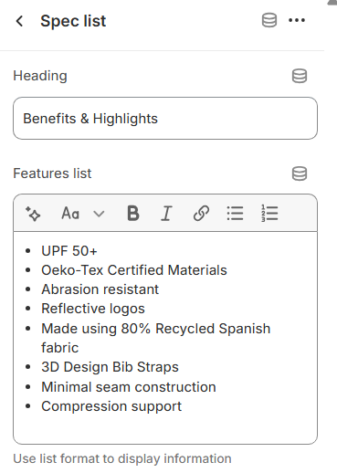 specifications spec list 